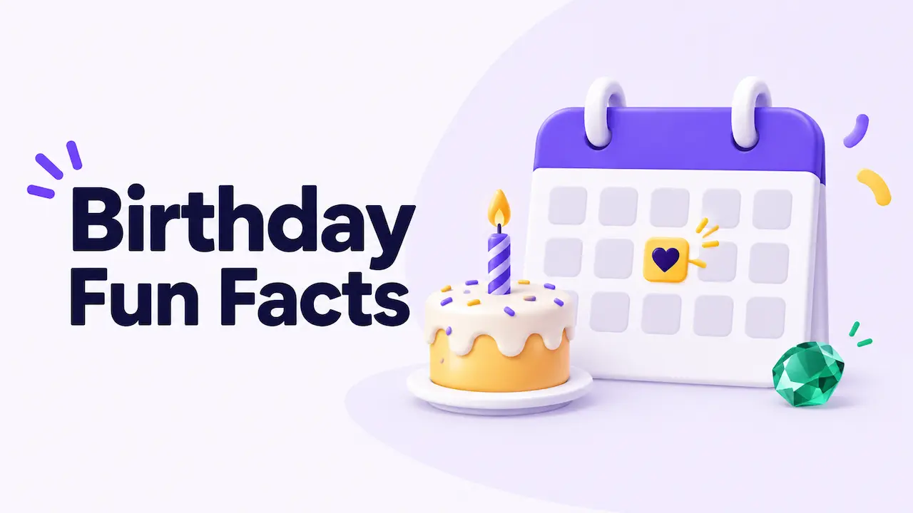 Birthday fun facts illustration featuring a calendar, birthday cake and birthstone