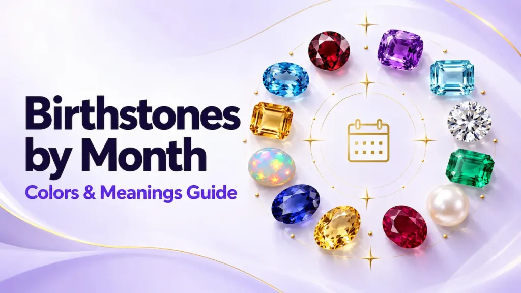 Birthstones by month arranged around a calendar with colors and meanings guide text
