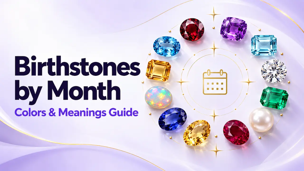 Birthstones by month arranged around a calendar with colors and meanings guide text
